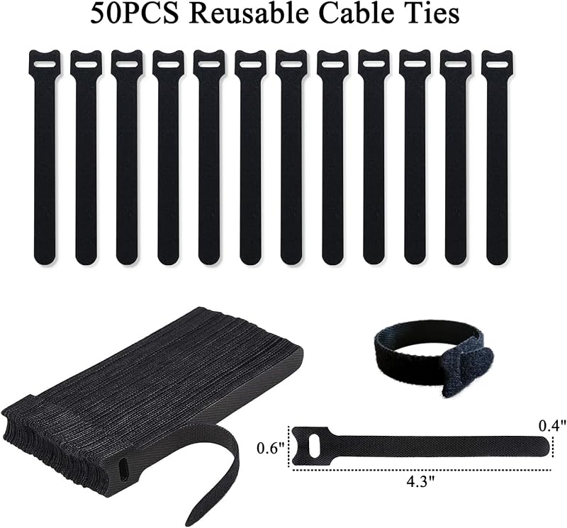 50 Bridas 4pulg para Cables Negro Reutilizables Ajustables