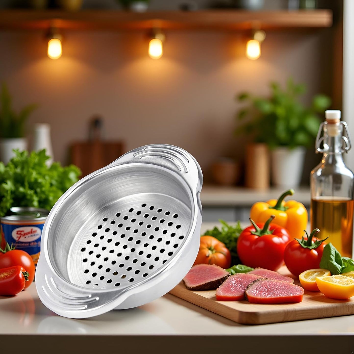 Colador alimentos acero inox plateado prensa atún
