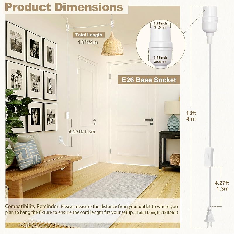 Cable extensión linterna E26 interruptor enchufe 13ft blanco