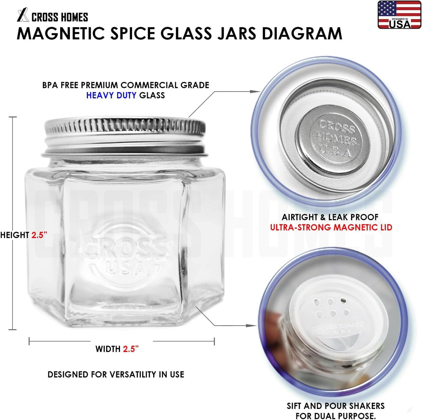 Set 20 tarros vidrio hexagonales 4oz con tapas magnéticas
