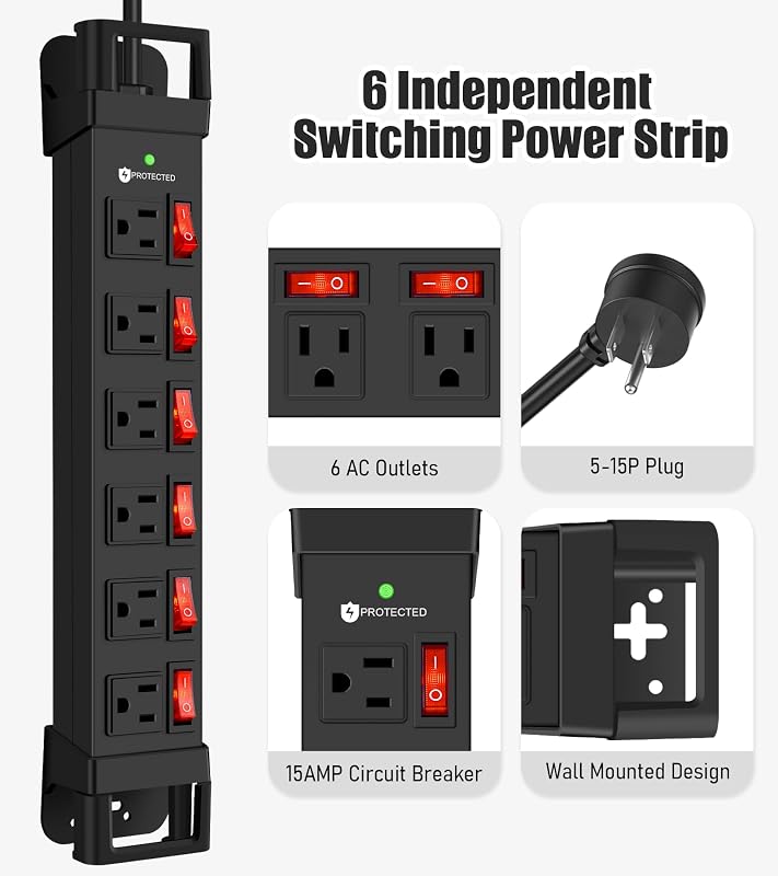 Tira alimentación metálica 6 tomas interruptor