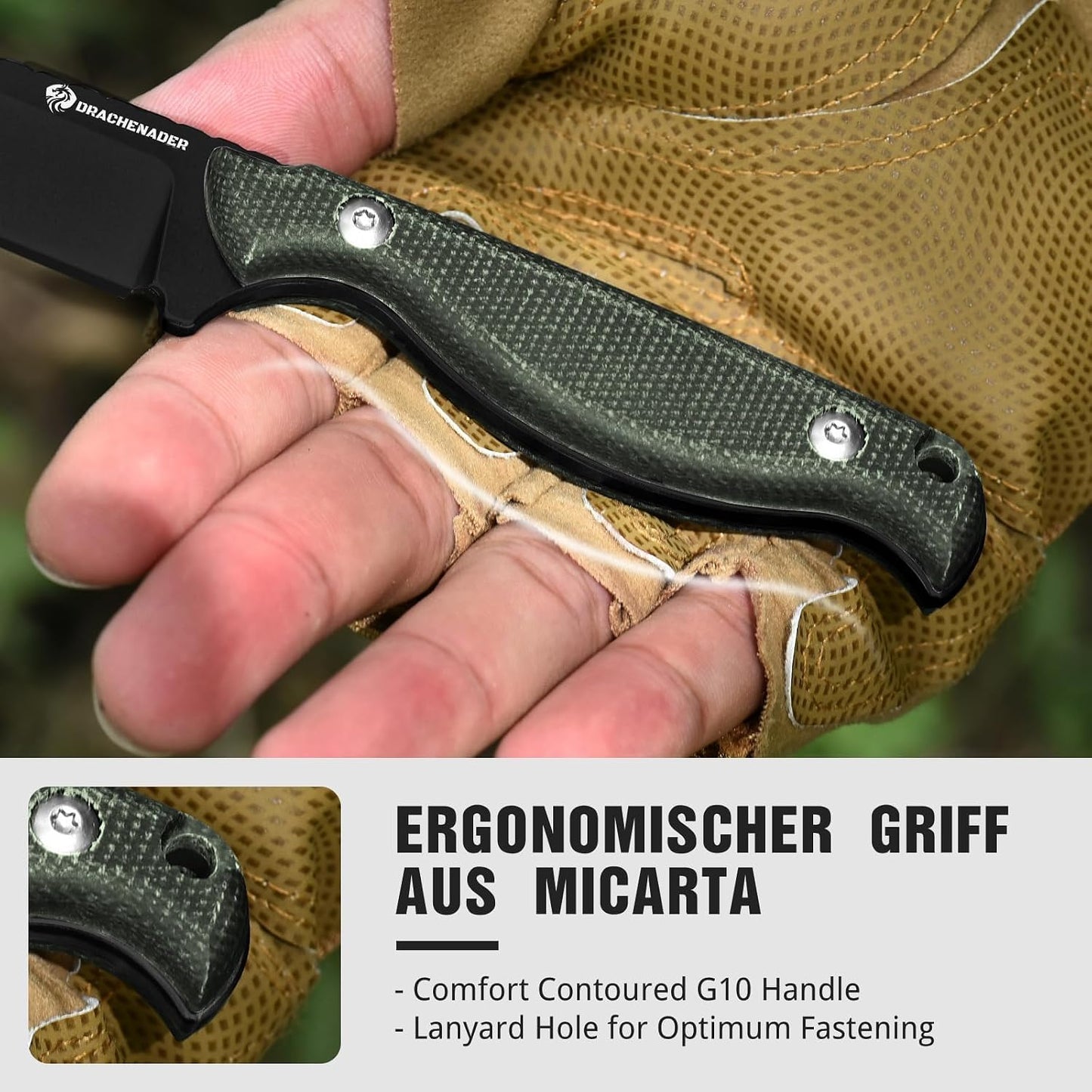Cuchillo EDC acero D2 mango micarta funda Kydex negro verde