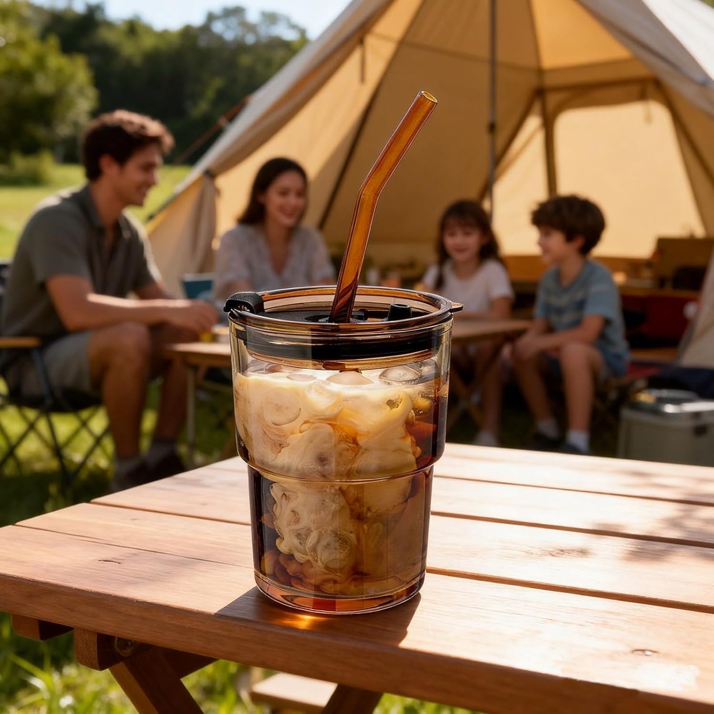 Vaso de vidrio con popote y tapa para café helado, té helado y agua