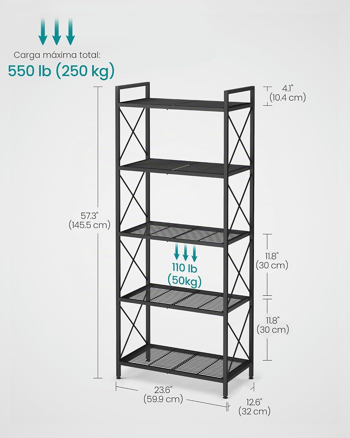 Estante metal 5 niveles malla densa 12.6x23.6x57.3"