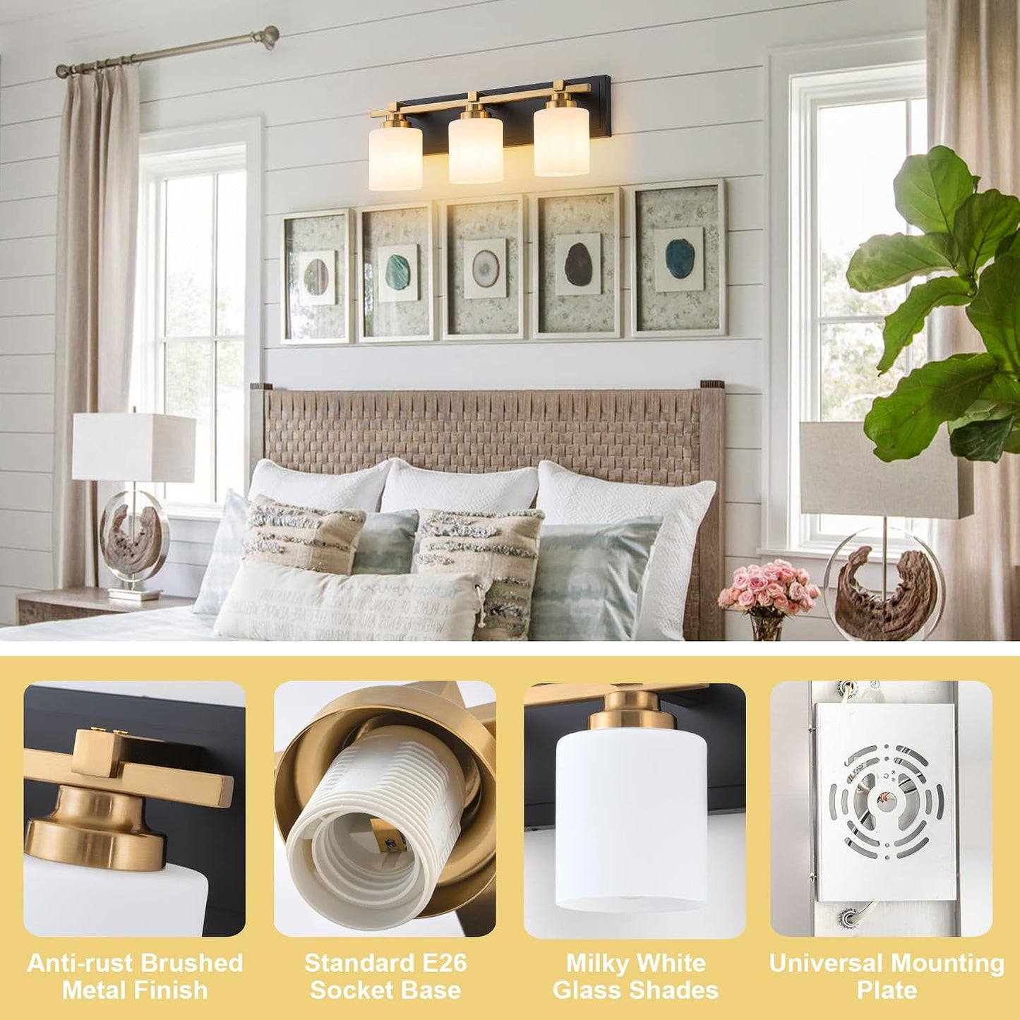 Accesorios iluminación baño 3 luces doradas y negras E26