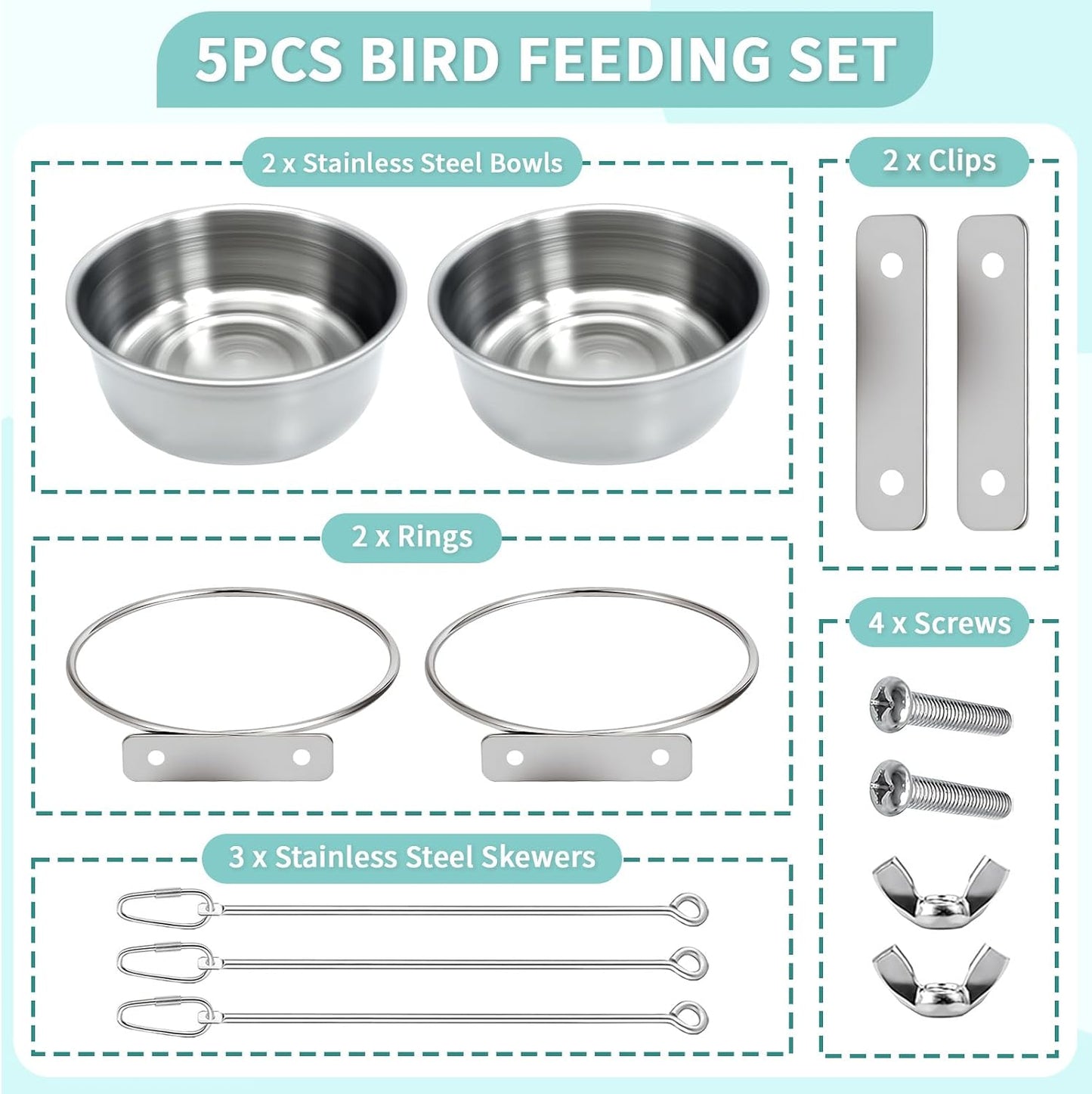 2 Cuencos Comedero Pájaros 3 Soportes Alimentos Acero Inox