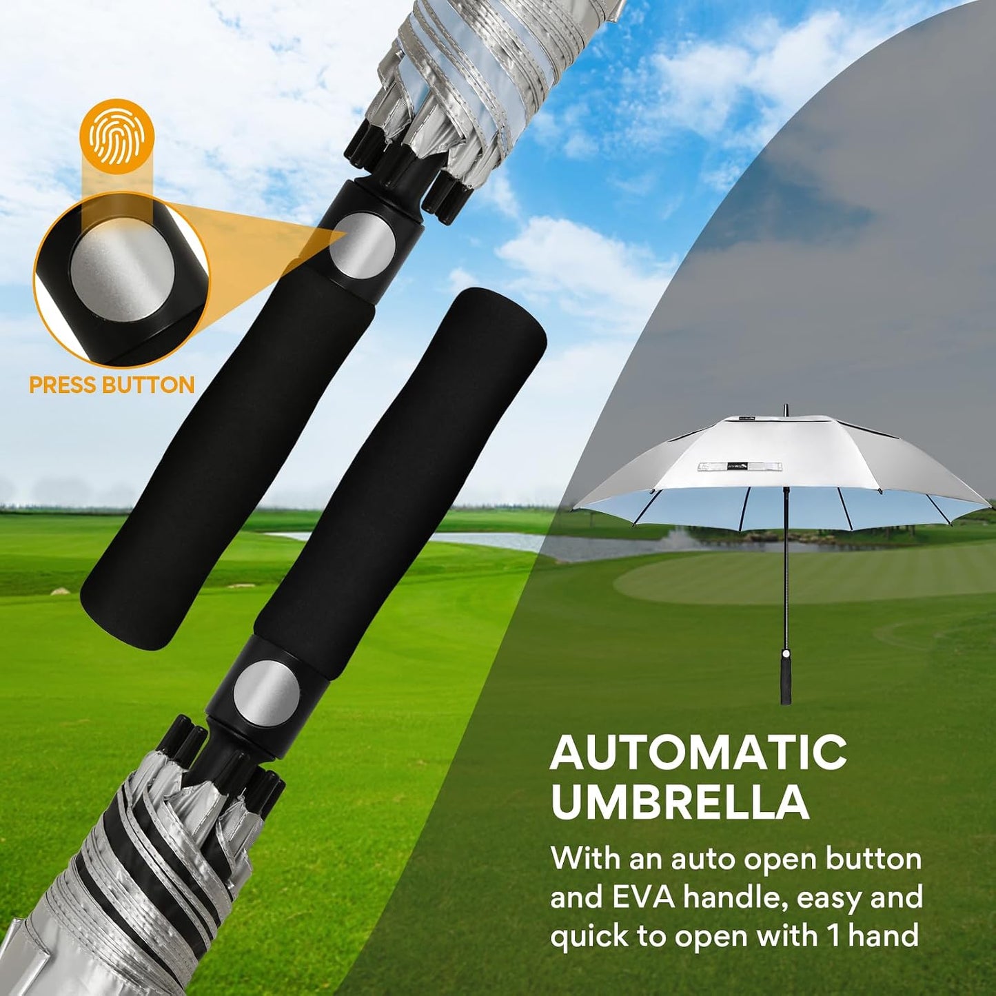 Paraguas golf UV 51-68" UPF50 resistente viento