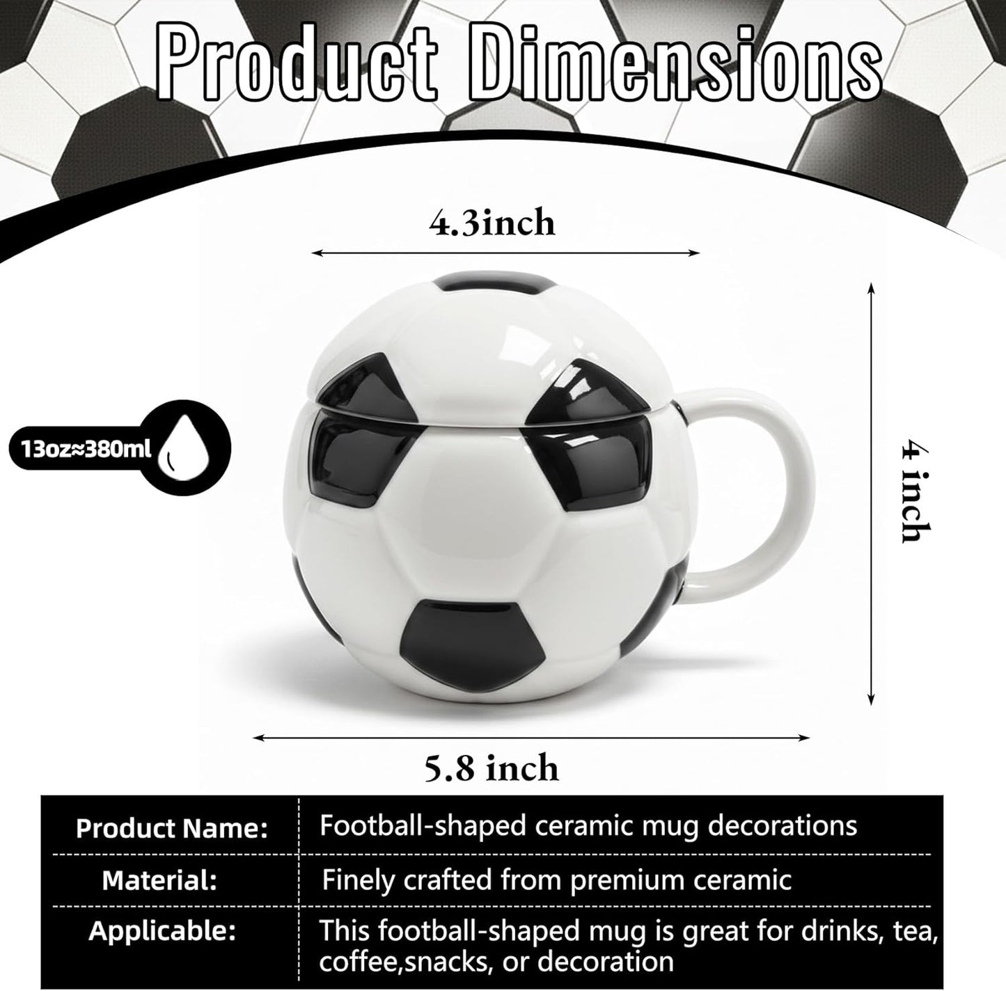 Taza cerámica forma fútbol 13oz con tapa regalo deporte