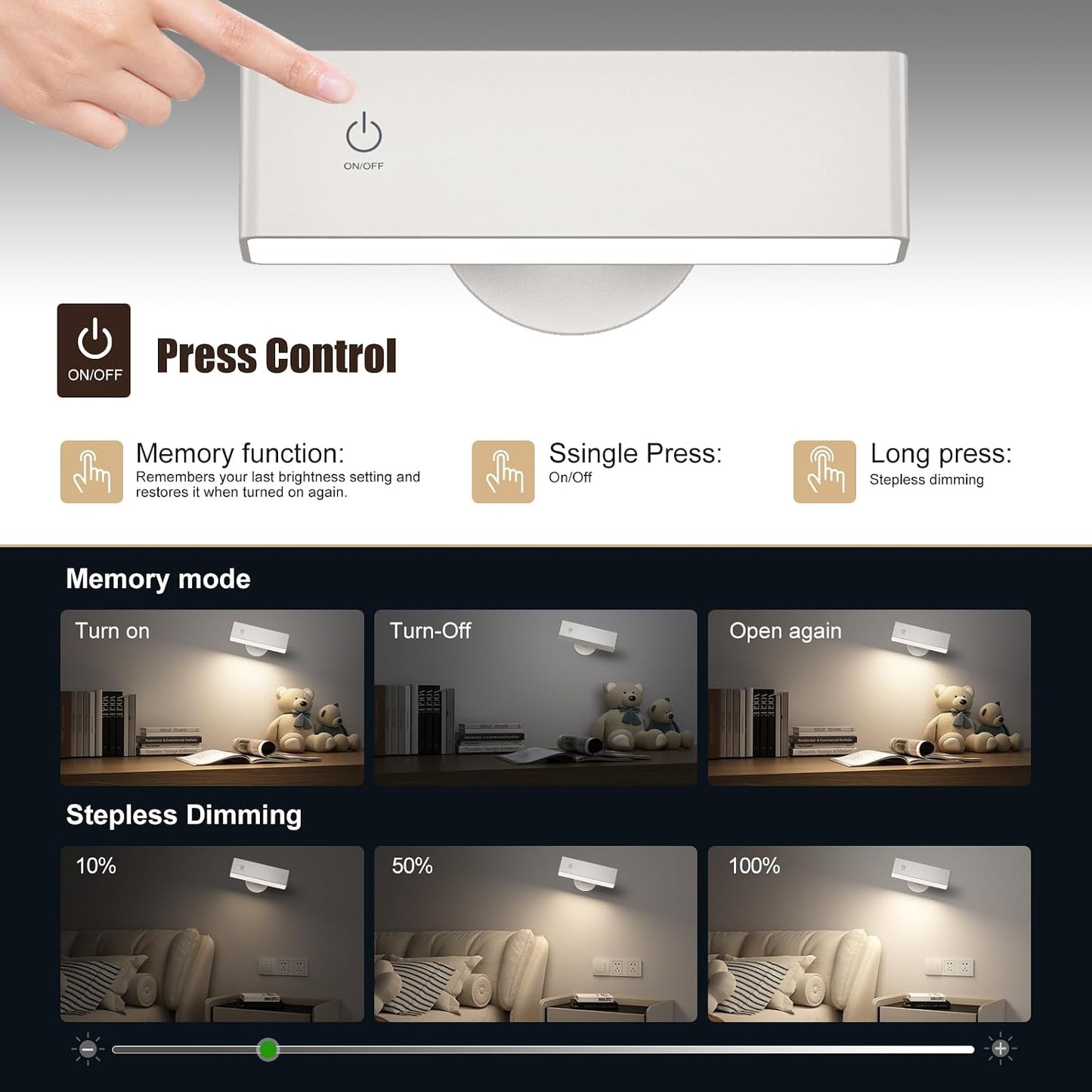 Candelabro pared LED inalámbrico control táctil brillo