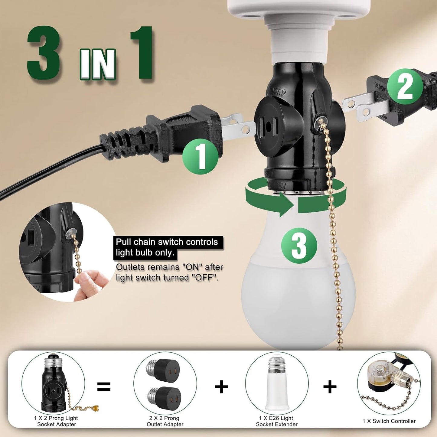 Adaptador enchufe E26 a 2 tomas polarizado