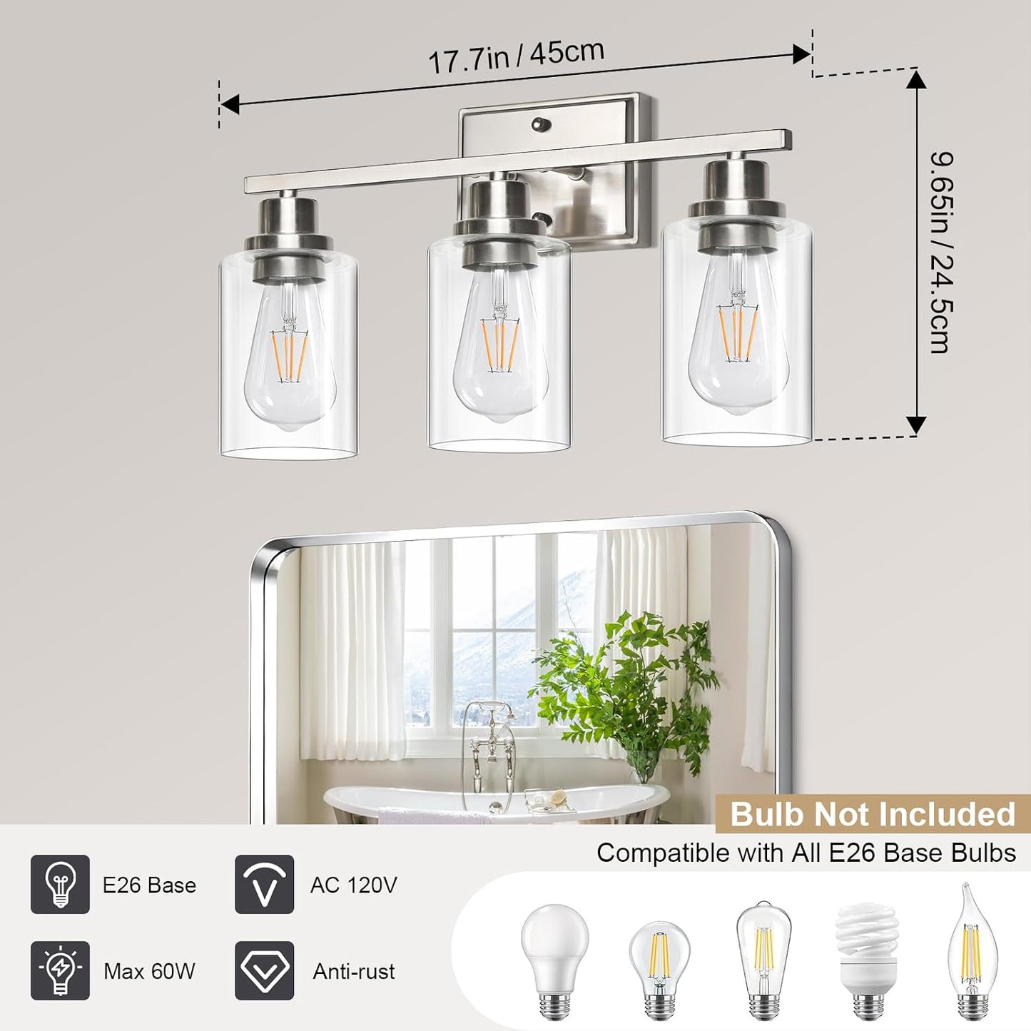 Lámpara baño 3 luces níquel cepillado vidrio transparente