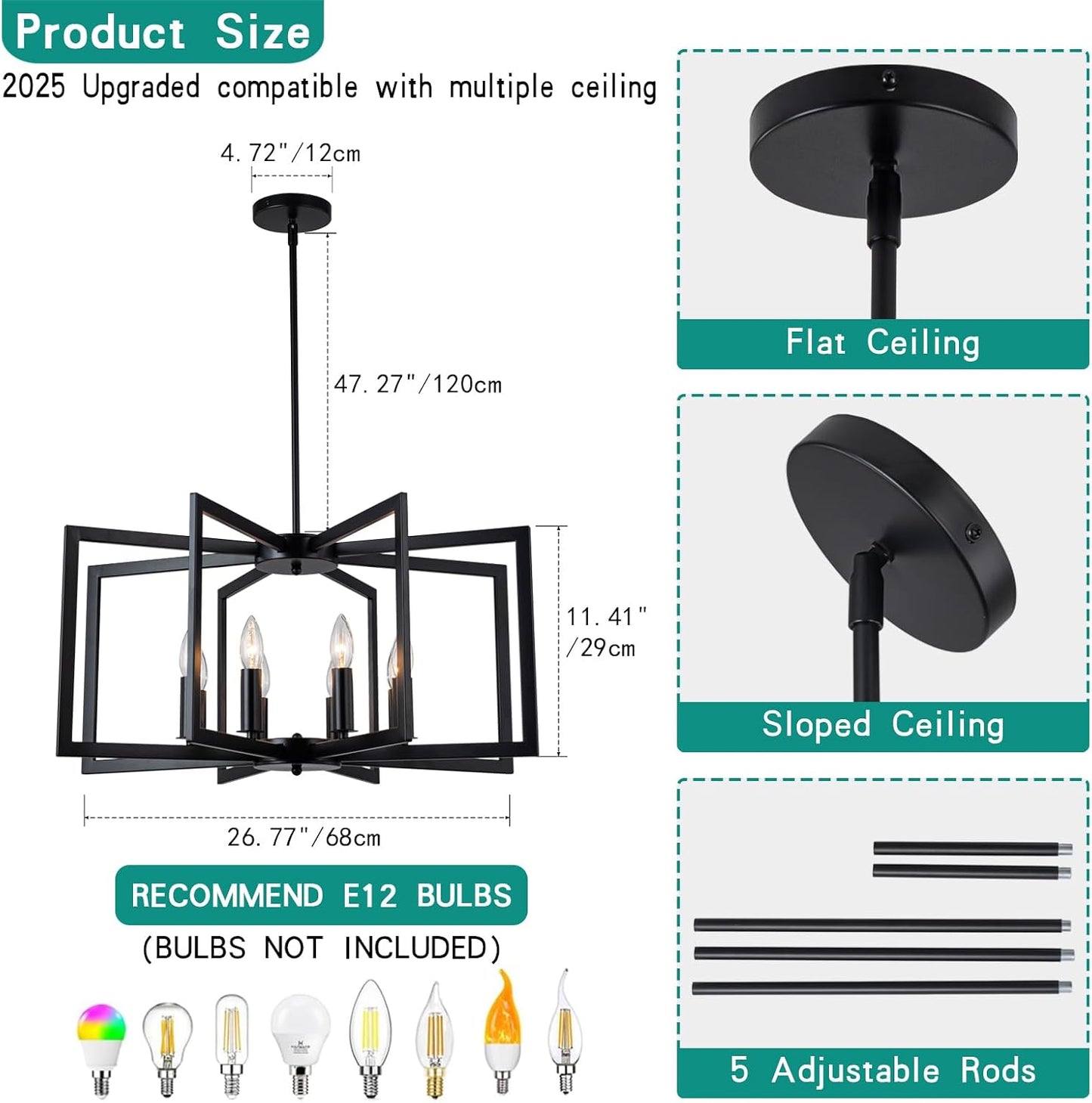 Candelabro negro 8 luces 27pulg metal geométrico