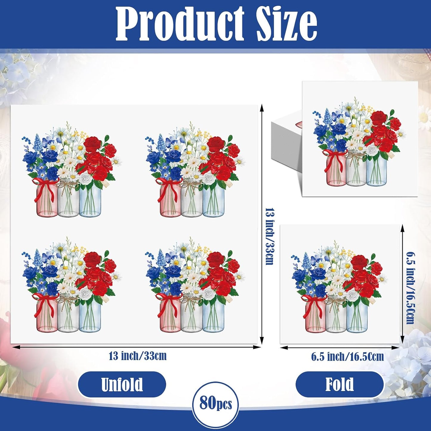 80 Pzas Servilletas Floral 4th of July 6.5x6.5pulg