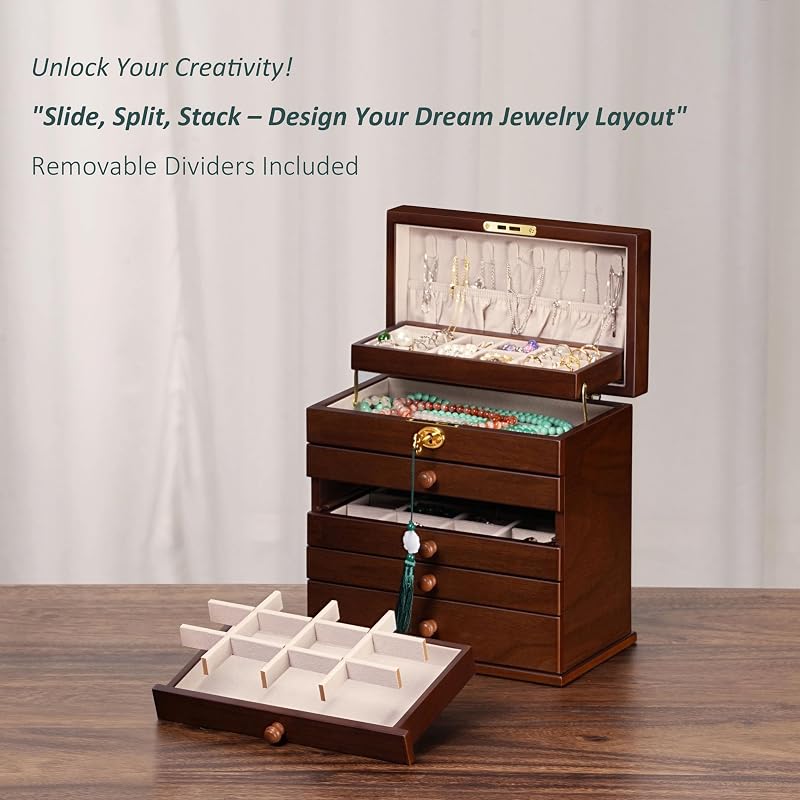 Caja joyas vintage 8 capas con cerradura madera