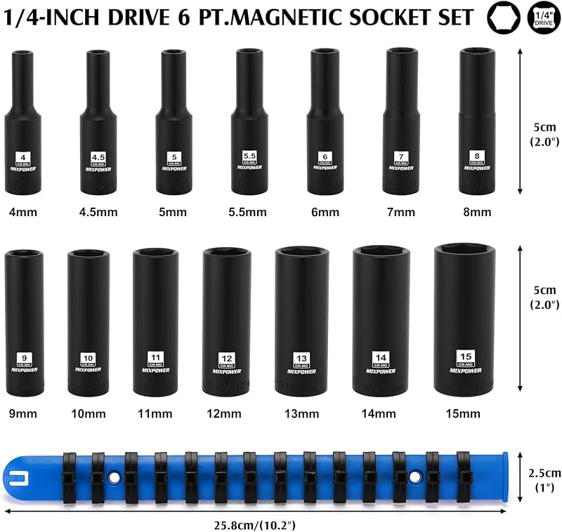 Set llaves impacto magnético 1/4" 14pzas 4-15mm métrico