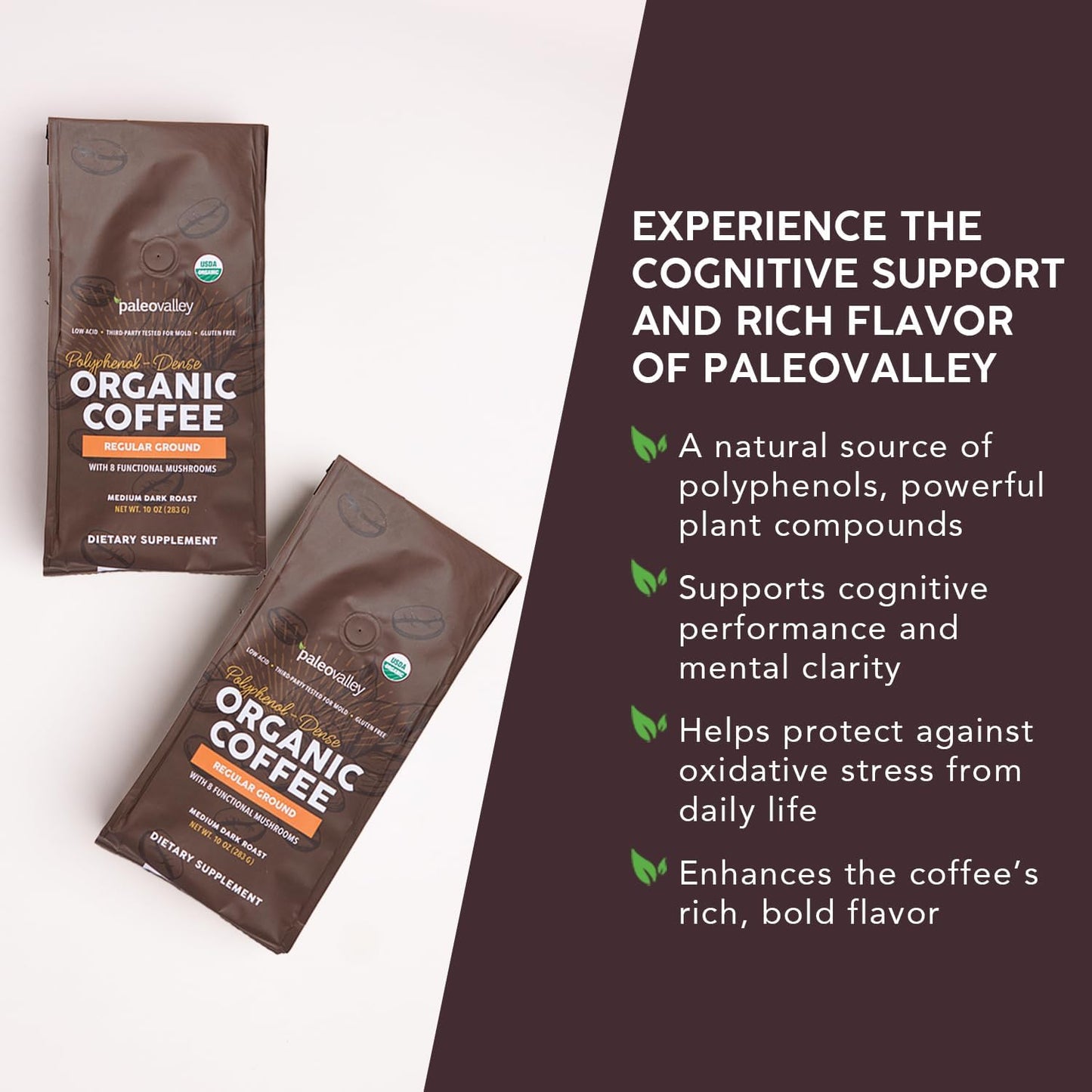 Café molido orgánico 10oz bajo en ácido rico en polifenoles