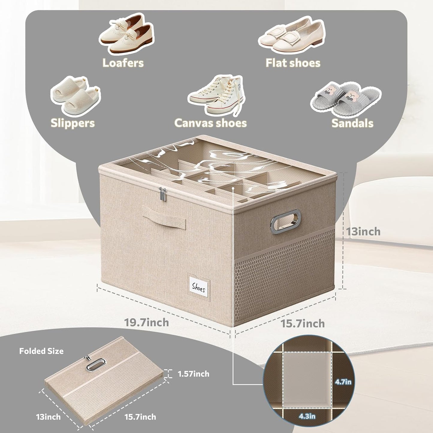 2 Organiz. Zapatos con Ventana Beige 19.7x15.7x13"