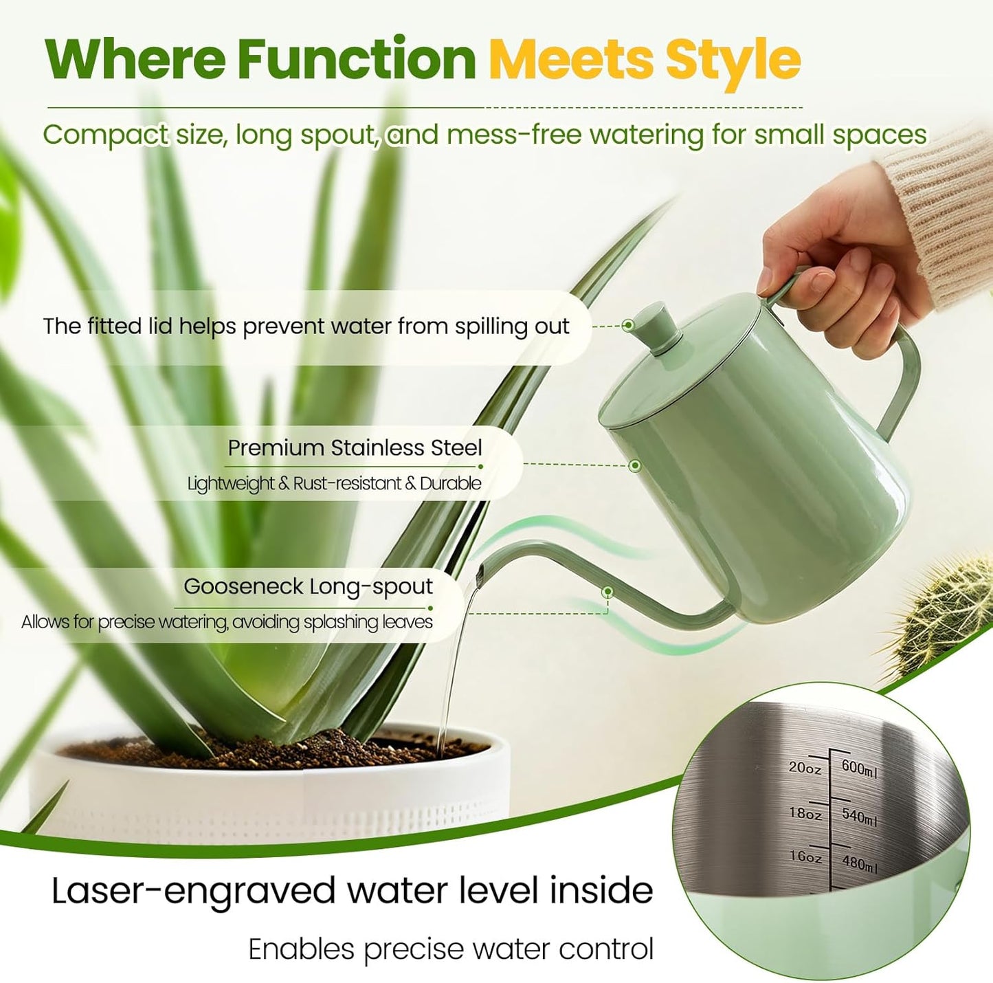 Regadera metal 20oz boquilla larga para plantas interior y bonsái