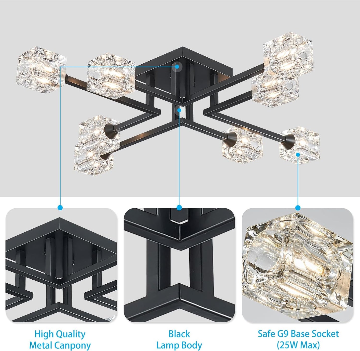 Candelabro Sputnik negro 8 luces cristal para comedor y sala