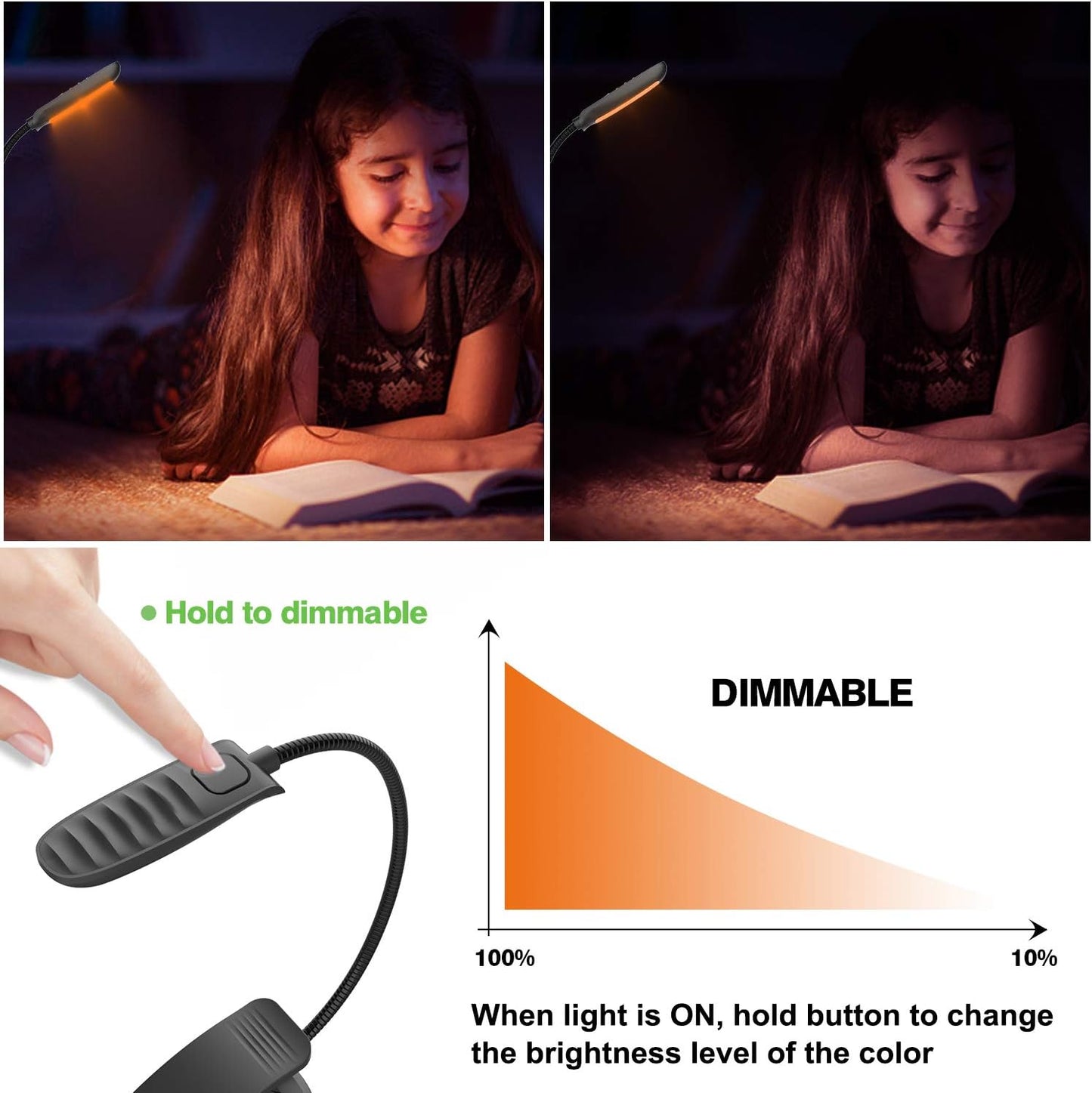 Luz LED libro ámbar recargable USB ajustable negro