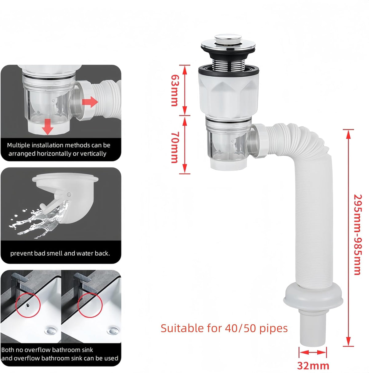 Kit drenaje baño tubo flexible antiolor orificio 1-1/4 a 2 pulg