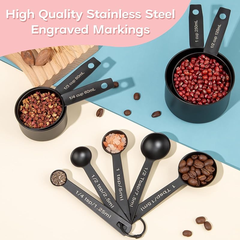 Set 9 Tazas y Cucharas Medidoras Acero Inox Negro