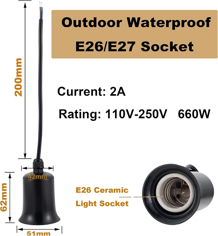 Soporte lámpara E26/E27 impermeable cerámica negro 6"