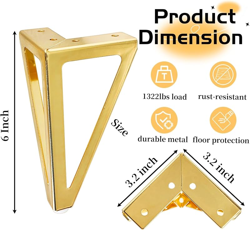 Set 4 patas doradas para muebles 6pulg metal moderno