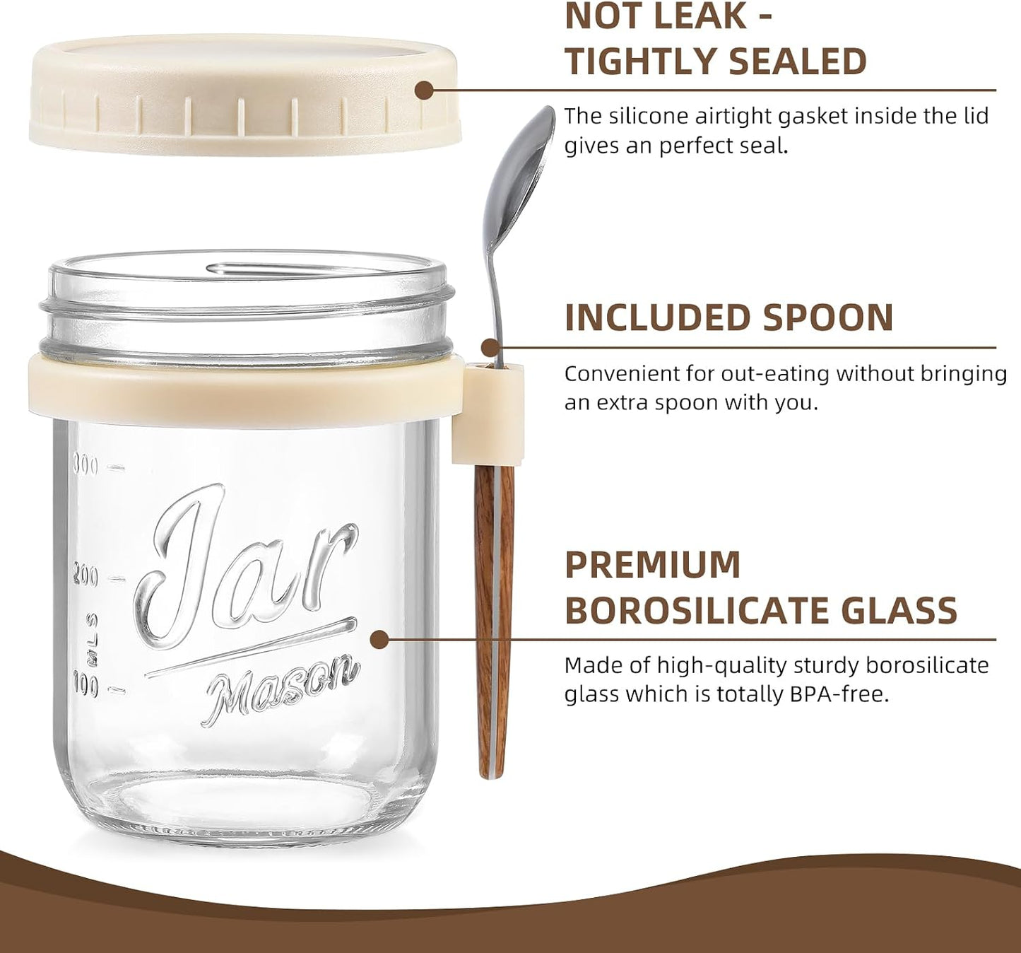 6 Tarros Vidrio 16oz con Tapa y Cuchara para Avena Leche