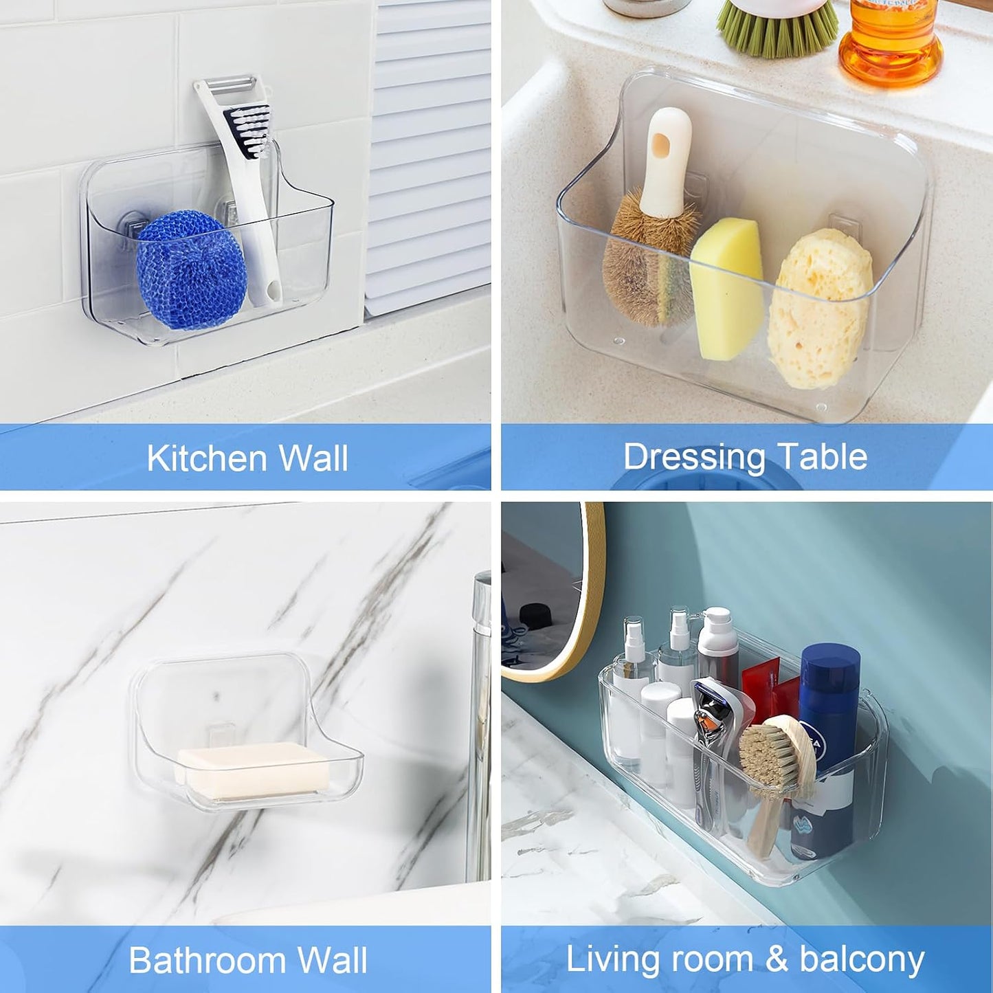 Organiz. acrílico 3 Pzas cestas ducha adhesivas baño cocina