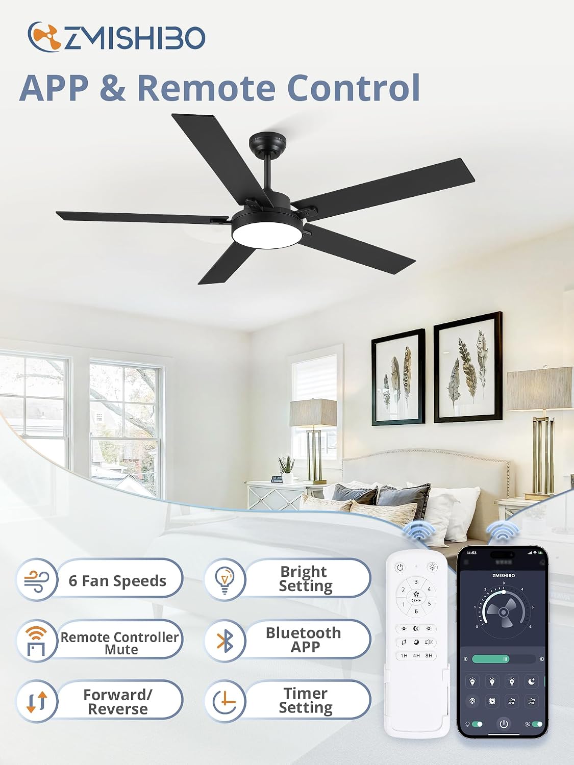 Ventilador techo 60pulg LED 30W 6 vel 3CCT motor CC silencioso