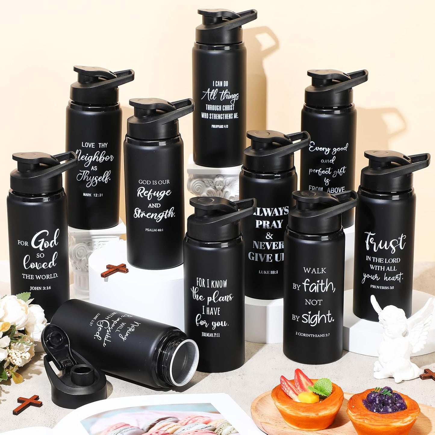 10 Botellas Agua Aluminio Cristianas 20oz Negro Reutiliz.