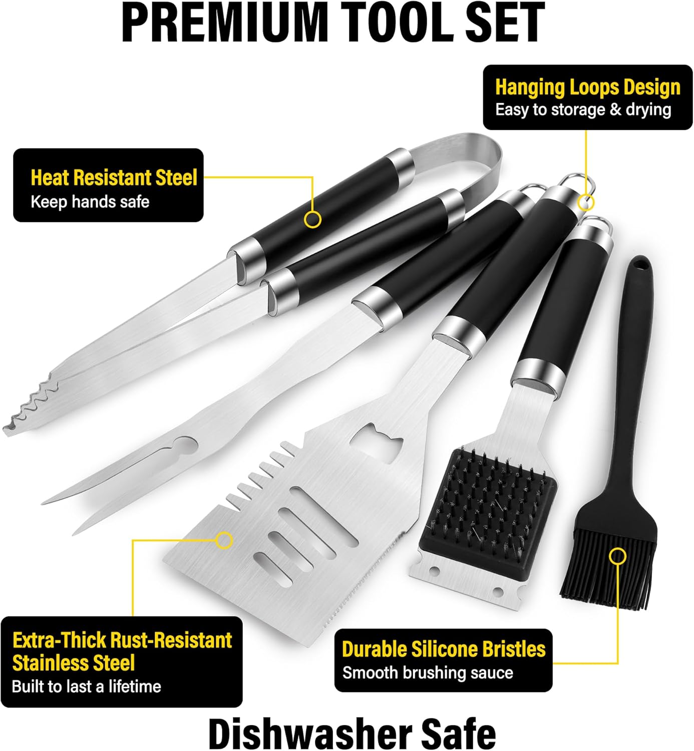 Juego accesorios parrilla espátula tenedor cepillo pinzas negro