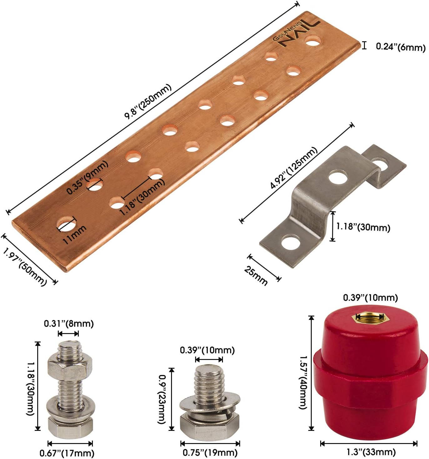 Kit barra tierra cobre pared 0.25x2x10pulg 5/16x12 pos UL