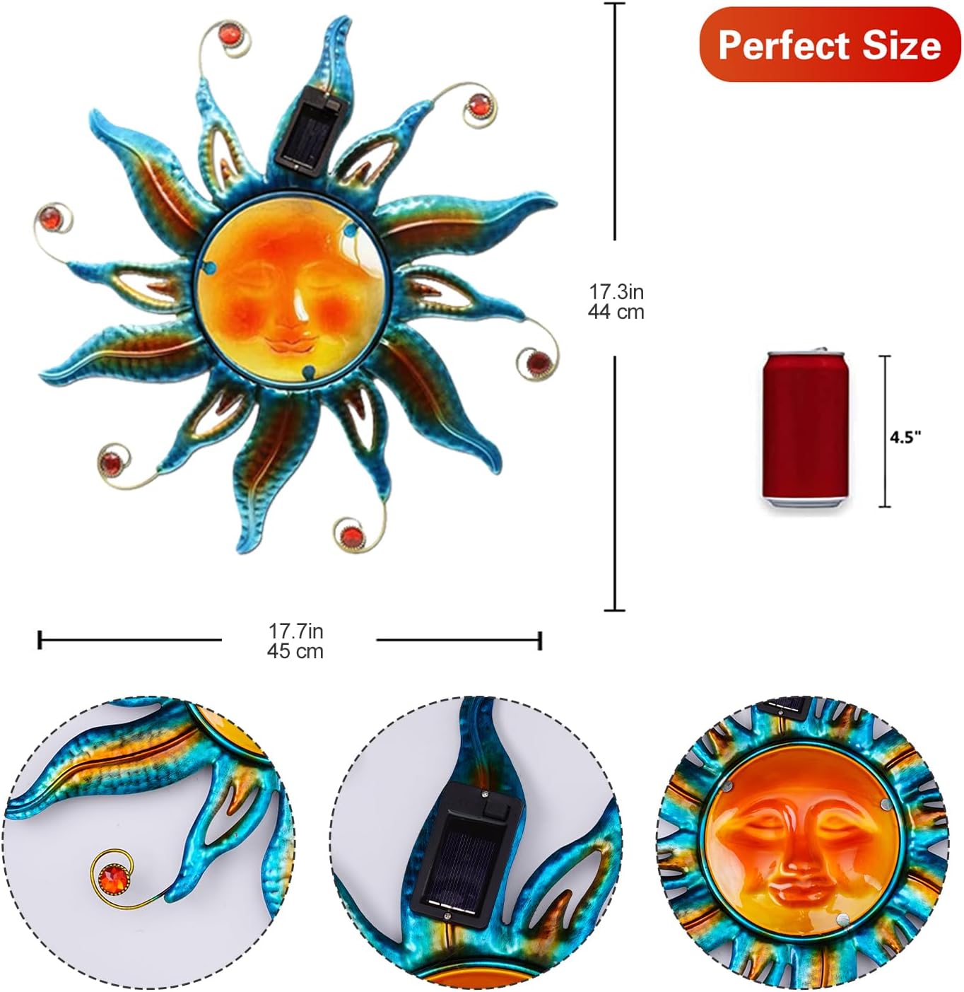 Arte pared solar cara de sol con luces LED 18pulg azul