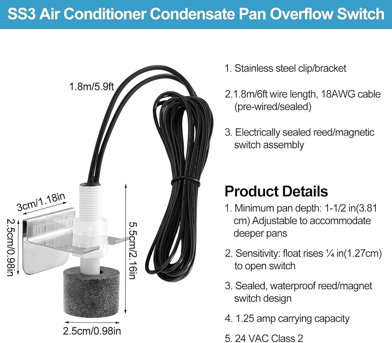 Interruptor flotador condensado SS3 con bandeja drenaje 6pulg