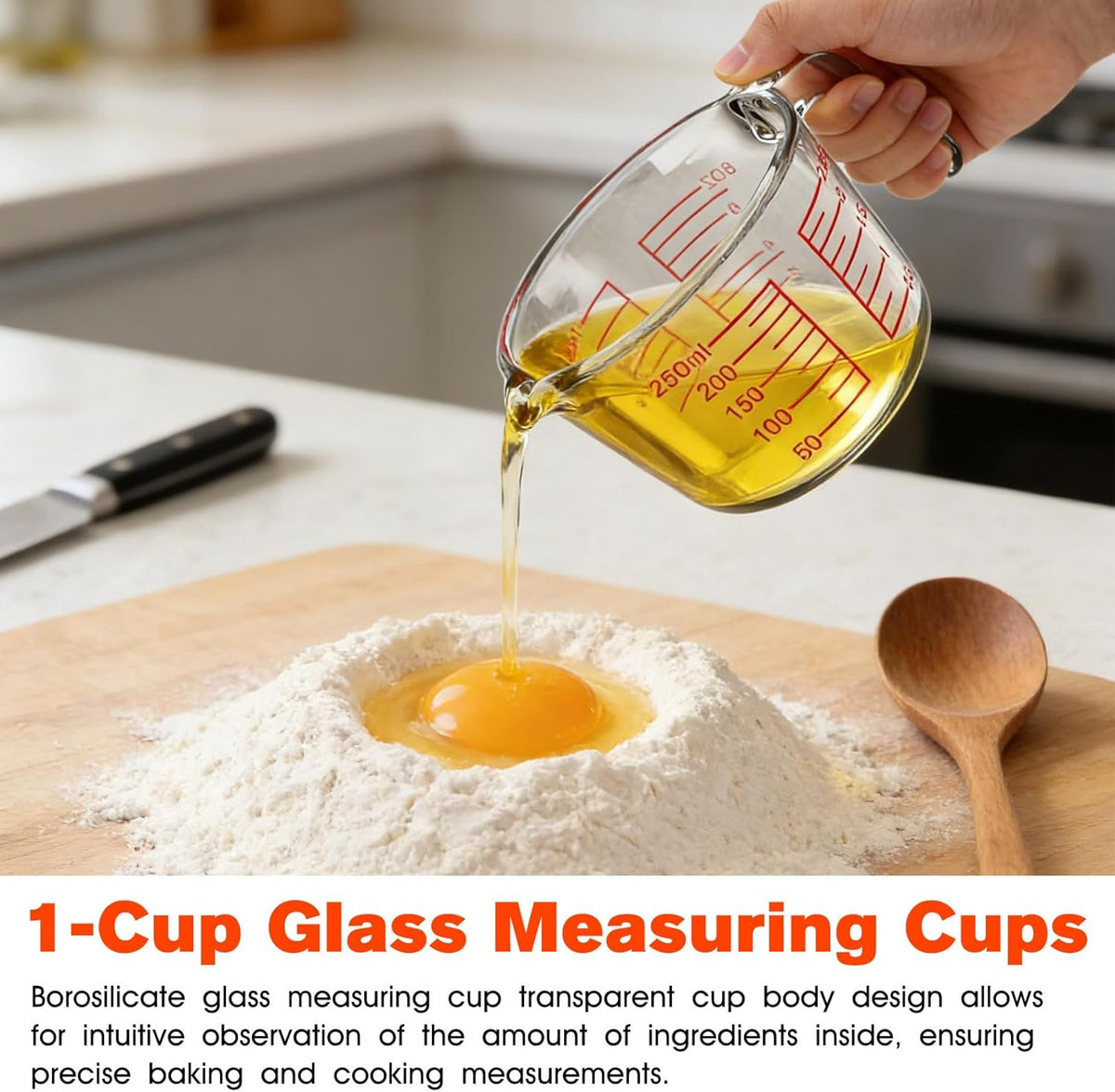 Taza medidora de vidrio borosilicato transparente 8 oz para cocina y hornear