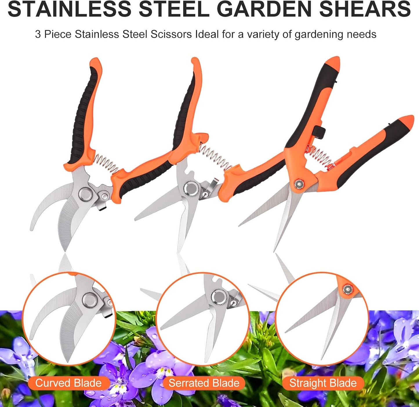 3 Pzas Tijeras Jardinería Acero Inox Podar Flores Árboles