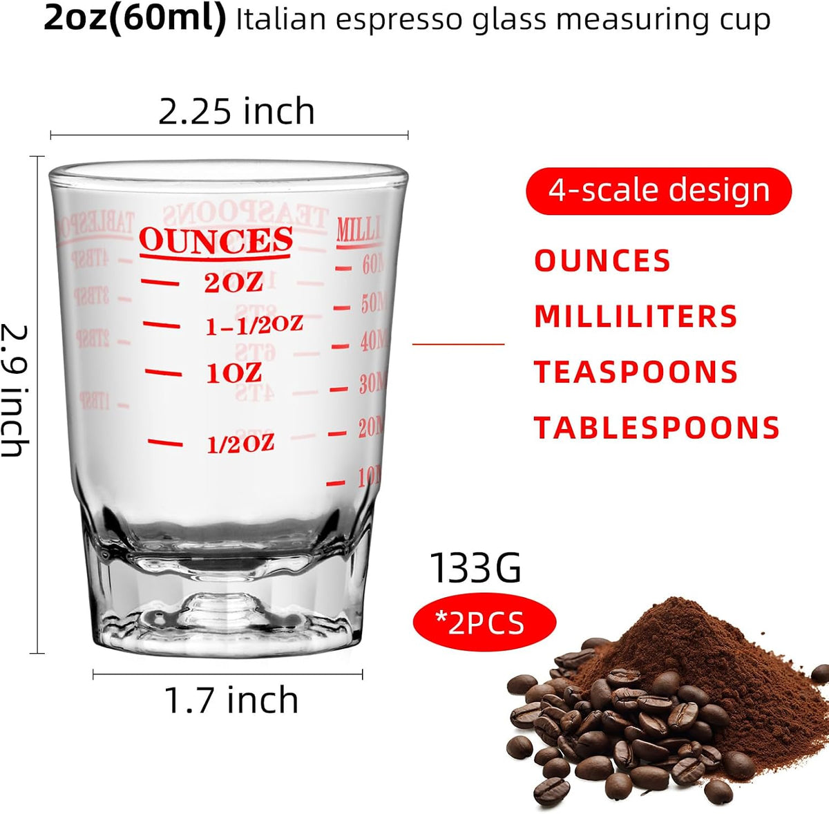 2 Vases Medidores Vino Espresso 2.0oz Rojo