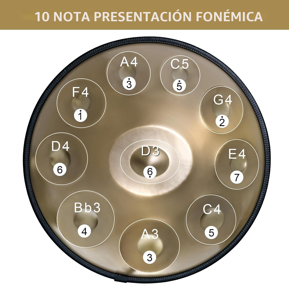 Tambor Handpan 22pulg D Menor Kurd 432Hz 10 Notas Dorado