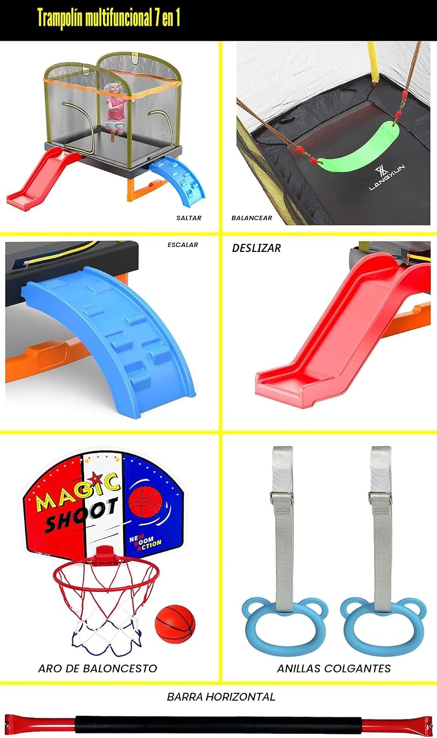 Trampolín 7en1 6.5ft para niños con escalada y tobogán