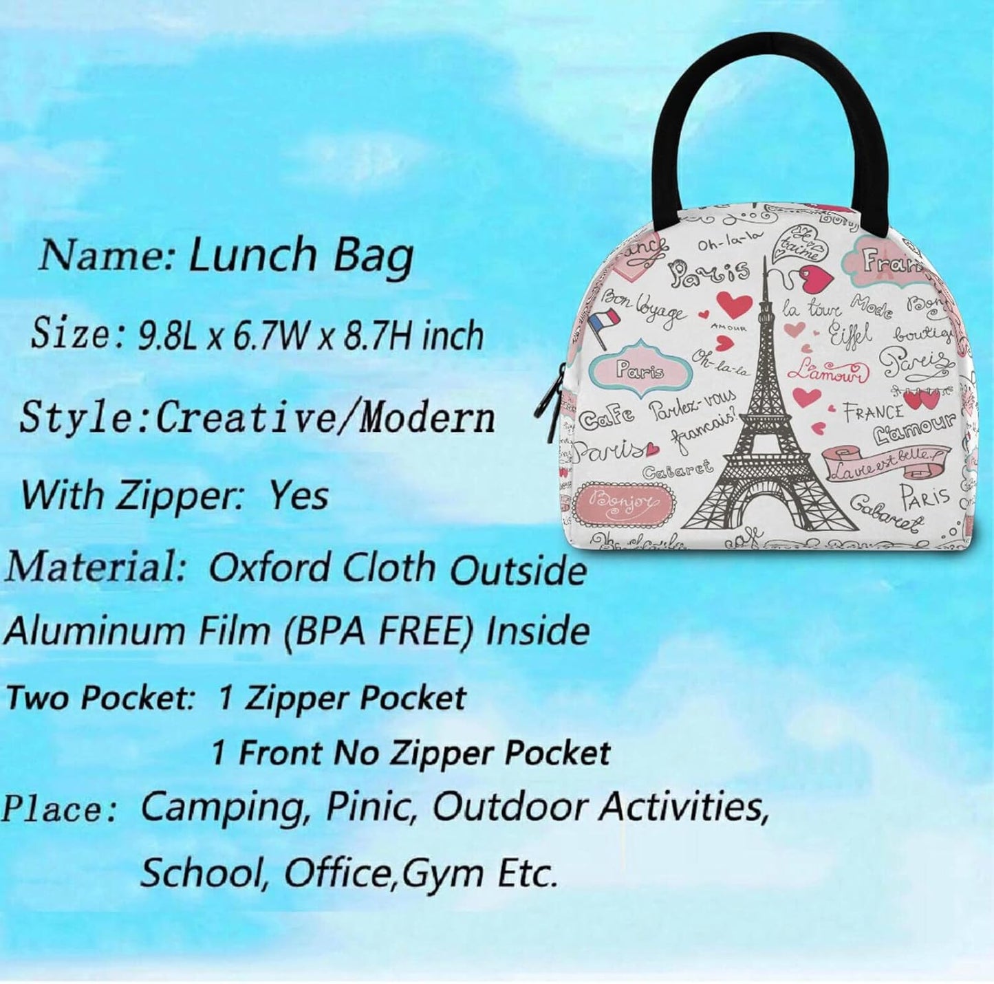 Bolsa almuerzo reutiliz. con Torre Eiffel y bolsillo térmico