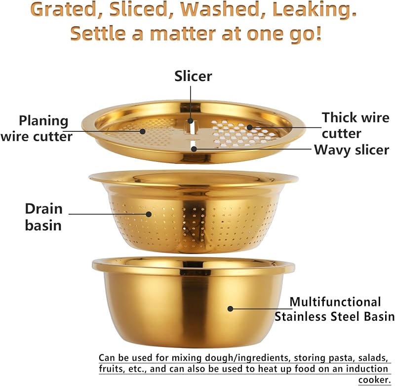 Colador acero inox 3en1 cesta drenaje rallador frutas