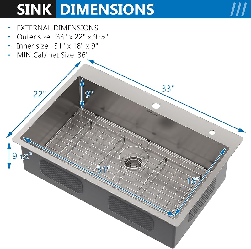 Fregadero cocina acero inox 304 33x22" prof 9"