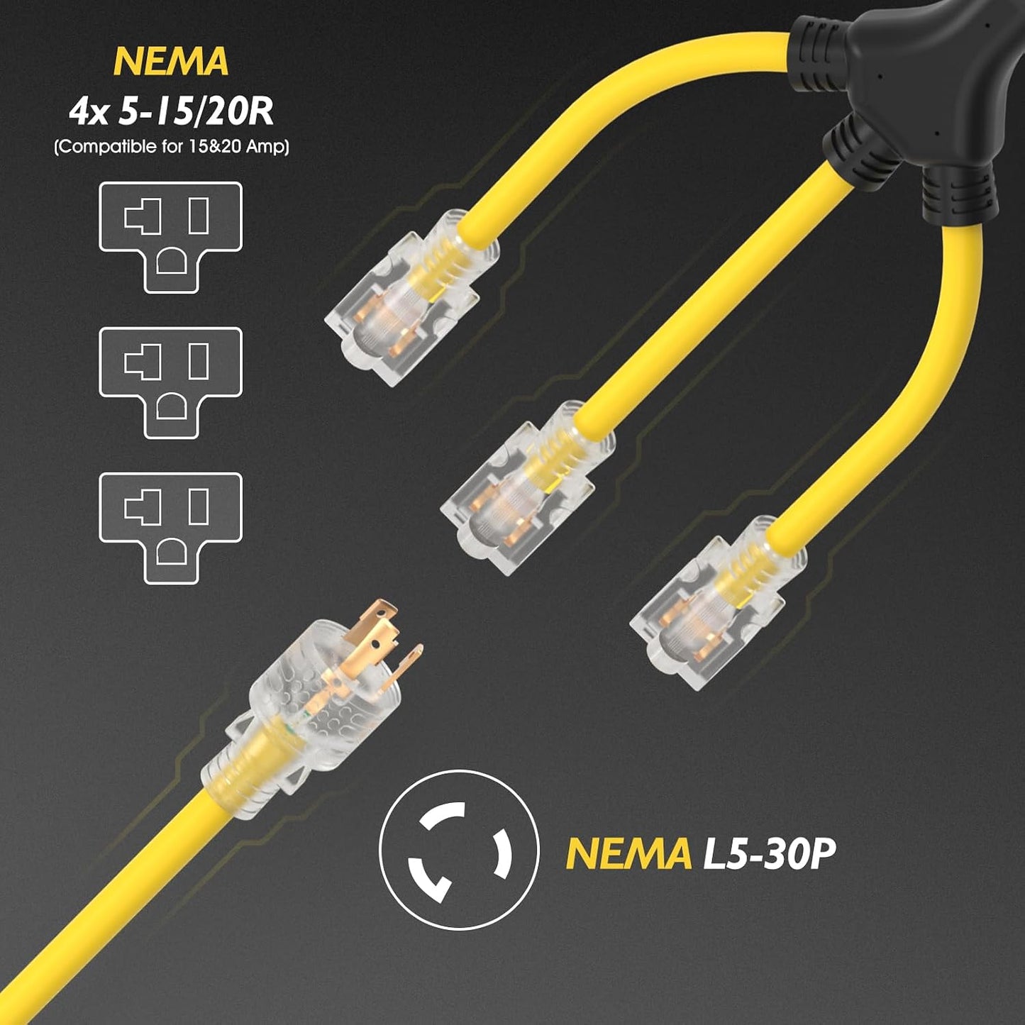 Cable adaptador generador 30A NEMA L5-30P a 5-15R/5-20R