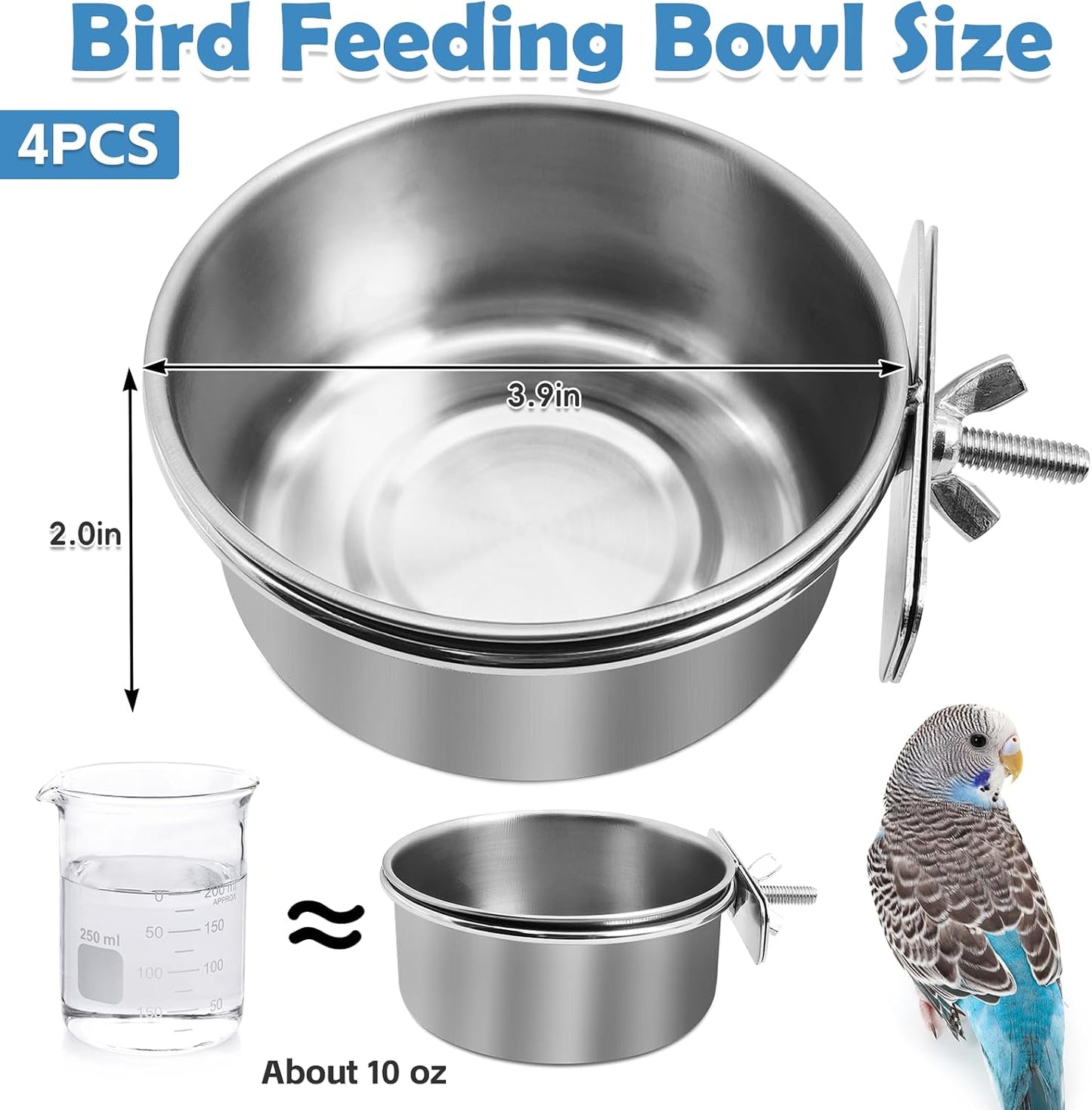 4 Pzas Cuencos Acero Inox para Pájaros con Soporte