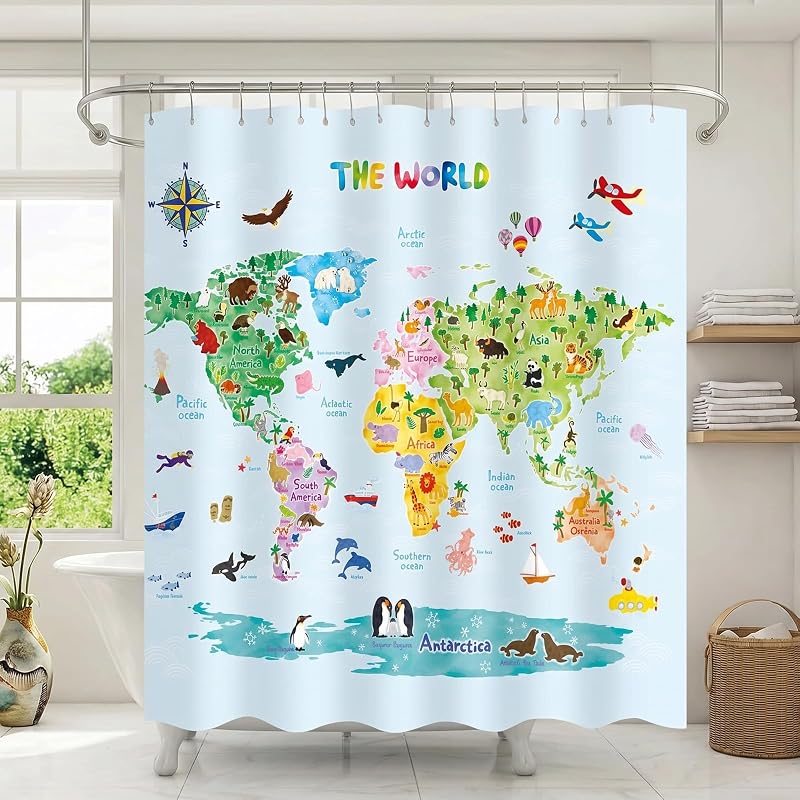 Juego cortinas ducha mapa animal niños 71x71pulg tela poliéster