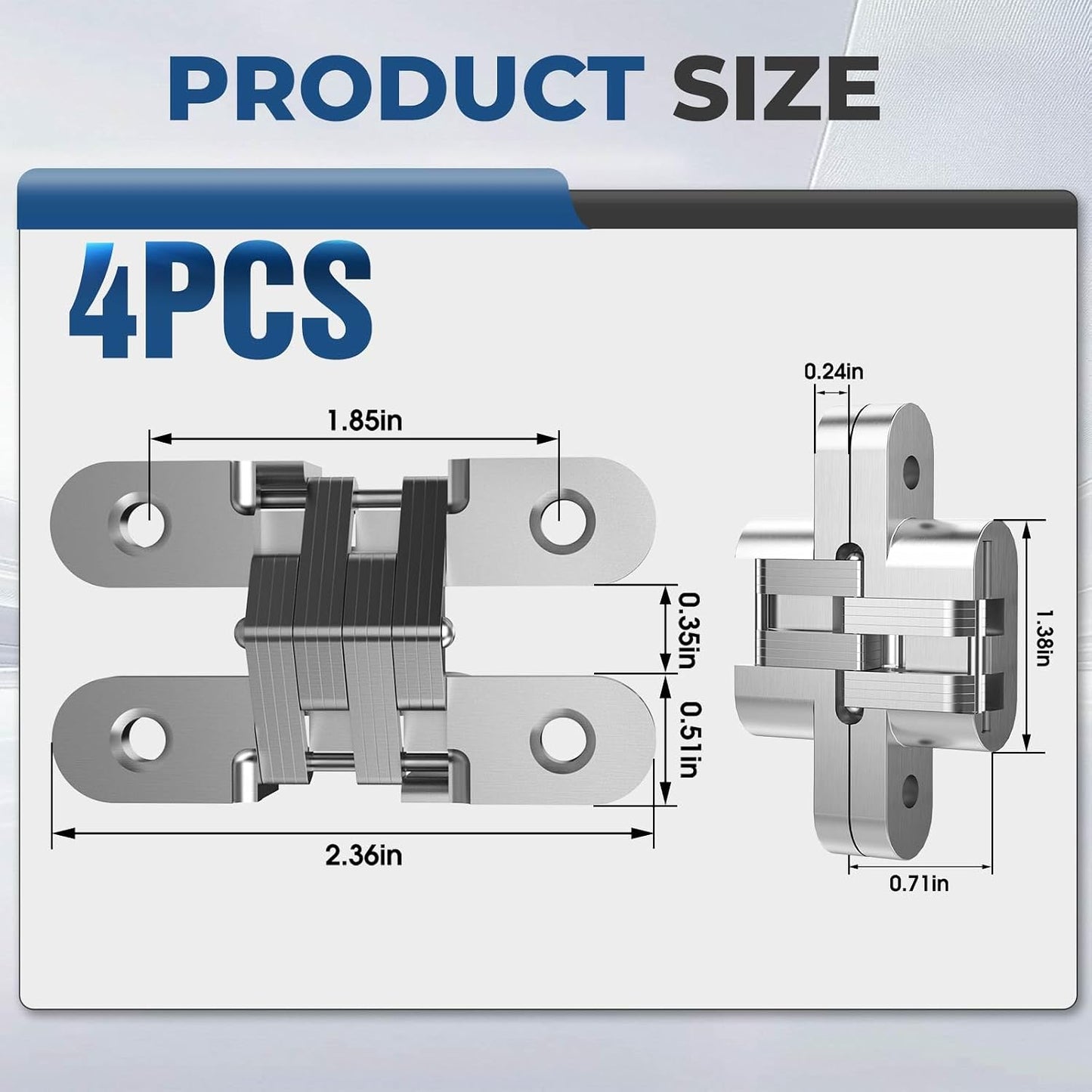 Bisagra puerta oculta 0.51x2.36pulg 4pzas aleación 180grados