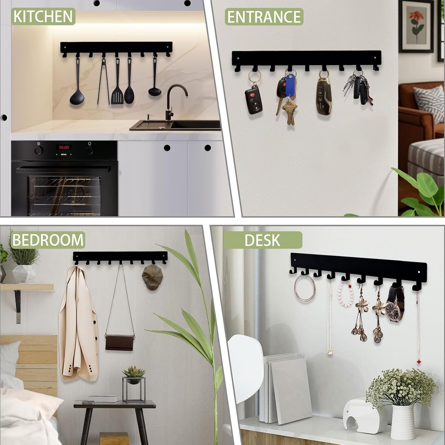 Soporte llaves pared 9 ganchos metal negro para entrada