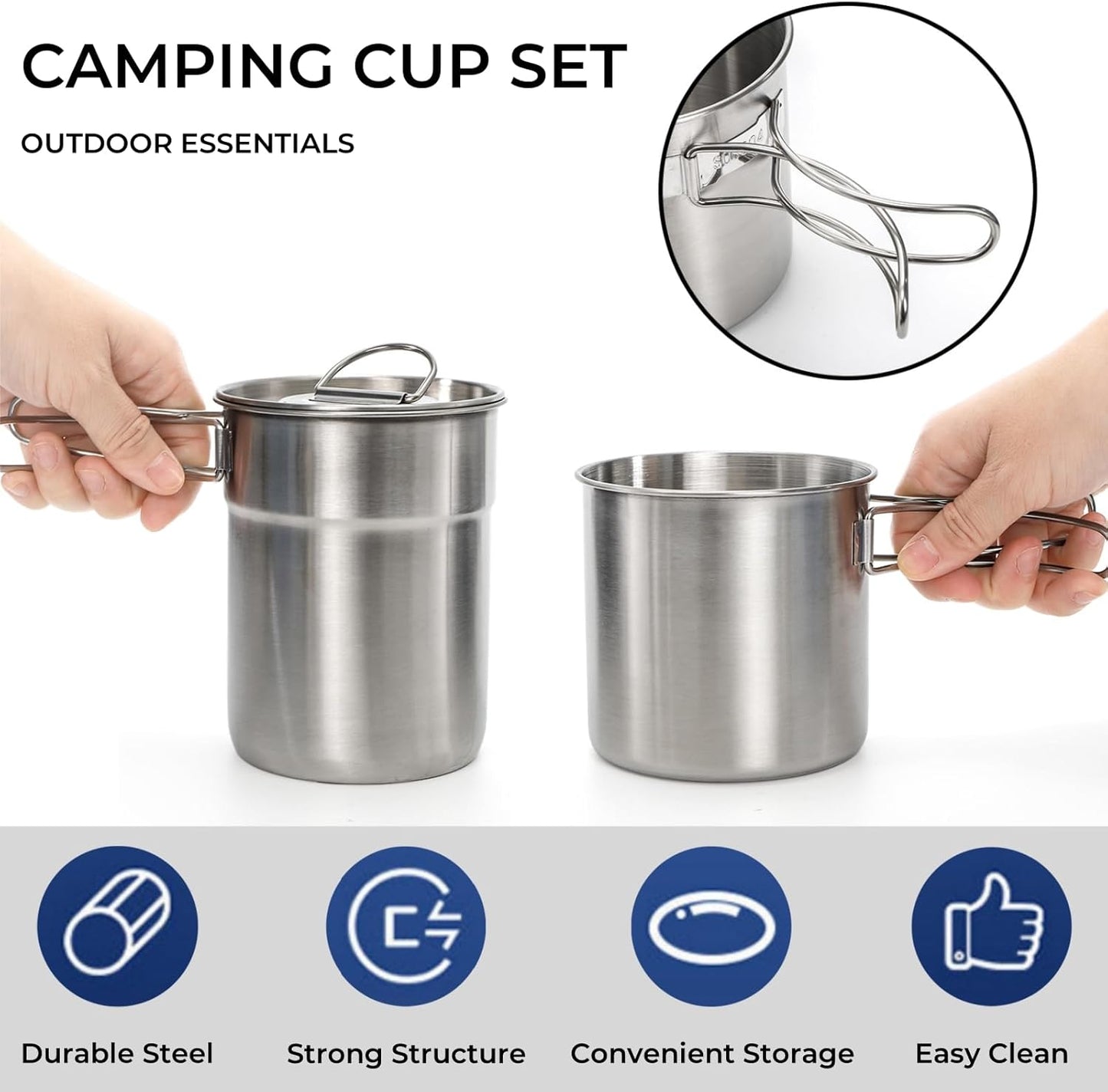 2 Tazas Camping Acero Inox Apilables con Bolsa Tapa